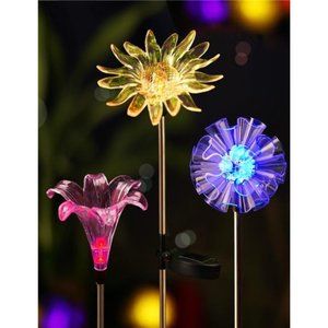 Set of 3 LED Solar Stake Lights Color Changing -Outdoor Multi Color Solar Flower